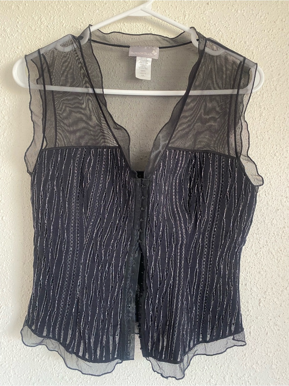 Papillon Blanc Sheer Mesh Metallic Hook Front Top Y2K Large - Picture 5 of 10